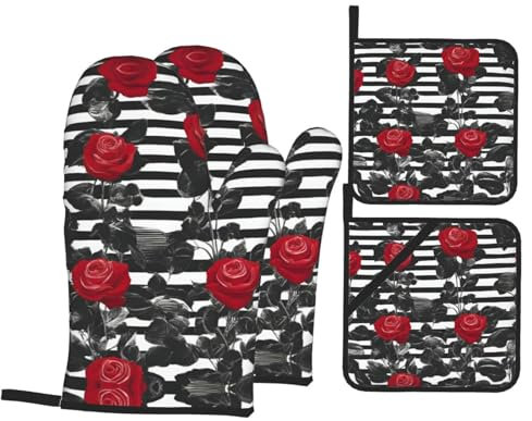 Ofenhandschuhe Und Topflappen-Set Schwarz-Weiße Streifen Rote Rosesn Blumendruck rutschfest Kochhandschuhe Leicht Zu Reinigen Backhandschuhe Für Küche Zubehör Grillen Kochen,4 Stck.