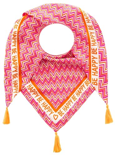 Zwillingsherz Dreieckstuch mit Zickzack-Muster, Orange-Pink, Quasten-Design, 'Be Happy' Schriftzug