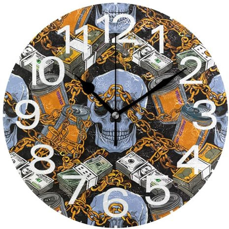 Kutsu Scale Skulls Wall Clock Silent Non Ticking, Battery Operated Round Clock 10 Inch for Home Bedroom Living Room Kitchen Office School Classroom, Black