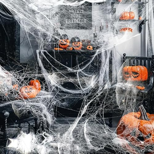 CANCJ Halloween Spinnennetz Deko, 60g Spinnweben mit 20 Künstliche Spinnen – Dehnbare Spinnweben für Halloween Deko Indoor & Outdoor – Horror Halloween Party Dekoration für Haus, Fenster & Garten