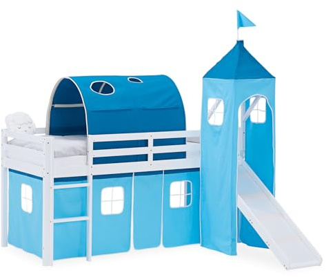 Homestyle4u Hochbett 90x200 Weiß mit Rutsche, Turm, Tunnel & Vorhang | Kinderhochbett aus massivem Kiefernholz, Spielbett mit Absturzsicherung, stabil & sicher nach EU-Norm, 90 x 200 cm