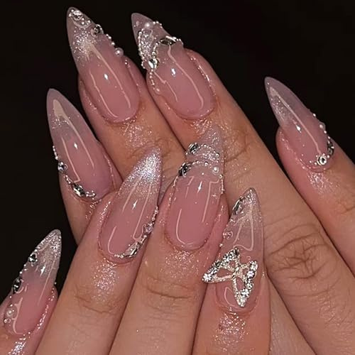 Viugex 24 Pièces Amande Faux Ongles Moyenne, Rose Nude Ongles à Coller avec Papillon 3D Strass, Œil de Chat Brillant Ballerine French Press on Nails, Acrylique Artificiel Capsules Ongles pour Femmes