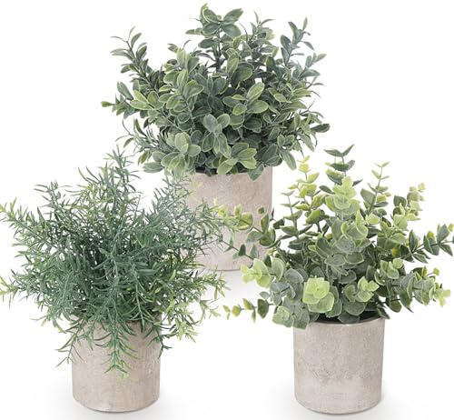 Generisch 3 Stück Kunstpflanzen mit Topf, Künstliche Pflanzen wie echt, Deko Pflanzen aus PE, Rosmarin Buchsbaum Eukalyptus, Pflegeleichte Fake Plant für Wohnzimmer Büro Küche Badezimmer Schreibtisch