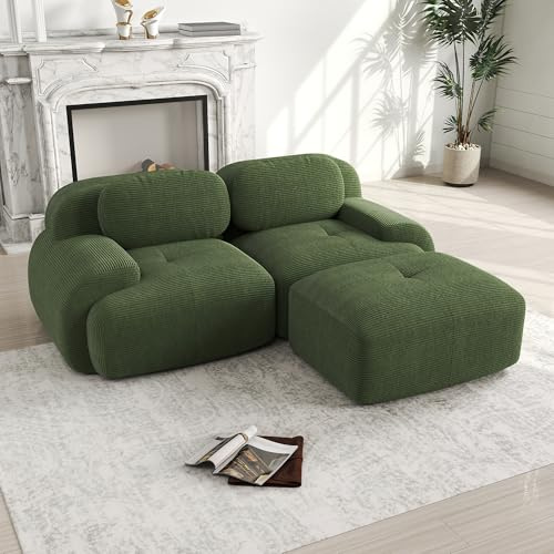 Dolamaní 2-3 Sitzer Sofa, Couch Sofa Cord Stoff für Wohnzimmer,Wohnung,Büro,Einfache Montage (Grün, B-(2 Sitzer +1 Hocker)