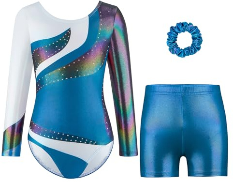 Cucudy Mädchen Dreiteilige Gymnastikanzüge, Gymnastik-Trikots Farbverlauf Set mit Shorts Haarband, Glitzernd ärmellos für Tanzen Ballett Gymnastik sportlich für Kleine Mädchen von 5–12 Jahren