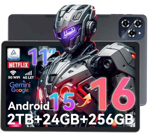 Newest Tablet 11 inch,Android 15 AI Tablets wIth SIM Card Slot(Upgradeable to Android 16),24GB RAM+256GB ROM(TF 2TB),5G WIFI|Octa-Core|8000 mAH|Widevine L1| Netflix|Bluetooth 5.0|GPS,4-Year Warranty