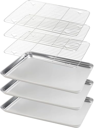 Bakplåt i rostfritt stål med gallerset (3 plåtar + 3 galler), livsmedelssäkert material för bakning, grillning, kylning, avrinning, lätt att rengöra och lång livslängd (31,5 x 24,5 x 2,8 cm)