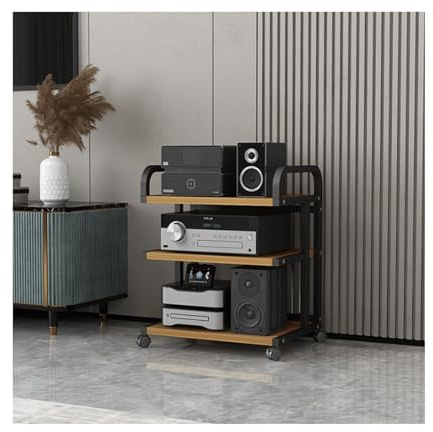 HiFi-ställ stereostativ mobil AV-medieställ med hjul, 3 nivåer, vinylskivspelare och DVD/CD-konsolorganiserare för hemunderhållning TV (träfinish)