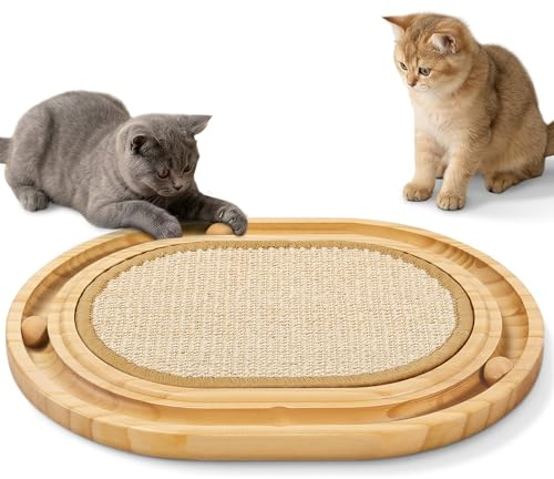 Gimars Interactivo 2 en 1 Rascador para Gatos de sisal Ovalado, Circuito de Madera con 3 Bolas Giratorias, Alfombra Rascadora Antideslizante y Juguete de Entretenimiento para Gatitos