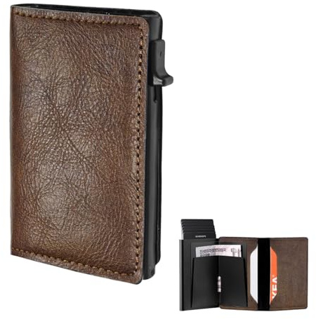 XETHI Portefeuille Homme avec 8 Emplacements Cartes | Porte-Cartes Pop-Up Bouton Poussoir | Étui pour Cartes en Aluminium et Cuir (Marron)