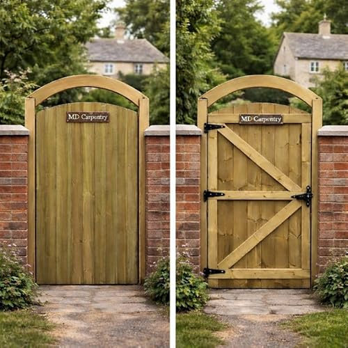 MD Carpentry Arched Wooden Garden Gate – Pressure Treated Timber, Rear Z-Brace & Lockable Backside Design ((180cm High x 120cm Wide x 6cm Deep))