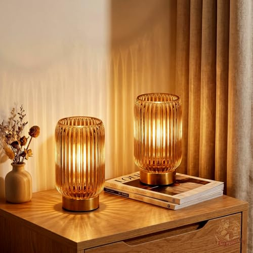 MJ PREMIER 2er-Set Tischlampe Kabellose mit Timer Gelb | Batteriebetriebene Nachttischlampe cVintage Mini Glaslampe Kabellos kleine Tischleuchte für Schlafzimmer, Bad, Flur