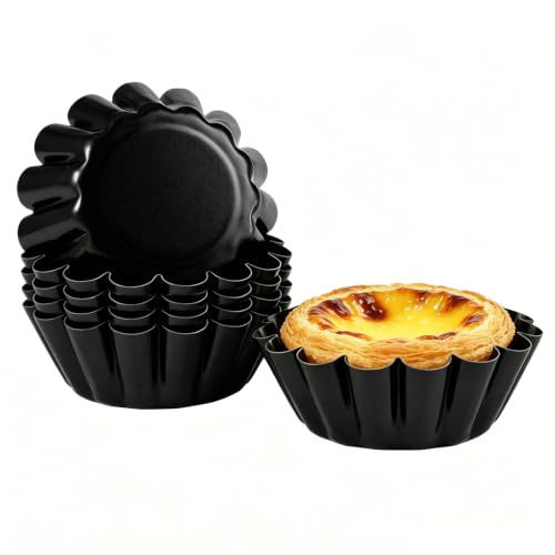 Lot de 6 Mini Moule a Tartelette,Moules à Pâtisserie en Acier(Ø 6.5cm) | Moules à Flan Individuels,Réutilisable,Antiadhésif,Sans Déformation,Moulle Tartelettes avec Bord Ondulé pour Cuisine,Noir