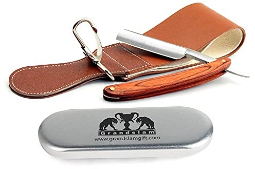 Grandslam Pro Natural Wooden Handle 420 Stainless Steel Straight Razor with Premium Leather Strop,Straight Razor Shaving Kit for Men,2 Layers Leather Canvas Strop Sharpening Strop Brown