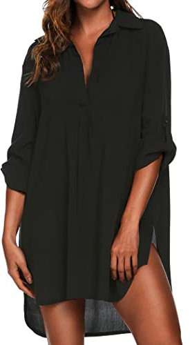 Ekouaer Beach Cover Ups for Women V Neck Bathing Suit Cover Up Bikini Swimsuit Coverup Beach Dress Shirt Black
