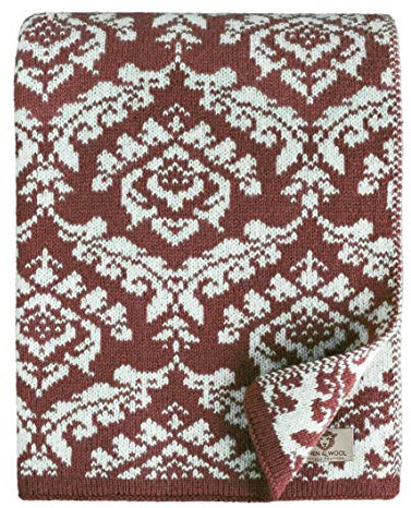 Linen & Cotton Jacquard Decke Wolldecke Gestrickt Caressa Damast Muster - 100% Reine Neuseeland Wolle, Bordeaux Rot/Weiß (135 x 180cm) Kuscheldecke Strick Sofadecke Strickdecke Plaid Couch Sofa