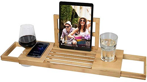 BAKAJI Tavolino Vassoio per Vasca Bagno Estensibile con portasapone Portacalice Portabicchiere Larghezza Regolabile in Legno bambù Supporto per Tablet e Scomparti Organizer per Il Bagno