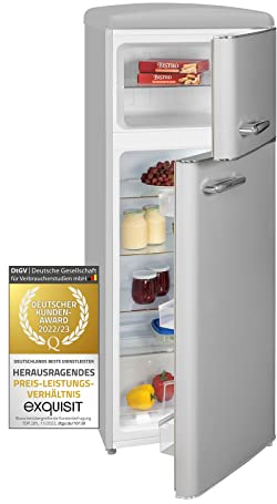 Exquisit® Frigorífico Vertical Retro, 206L, Clase E, Color Gris, 2 Puertas, Estantes de Cristal, Cajón Verdulero, Altura Regulable, Ruedas Traseras, Consumo 180 kWh/año, Medidas 146,5x54,5x57,5 Cm.