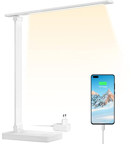 Lepro Lampada da Tavolo LED 15W, Lampada da Scrivania USB Ricaricabile, 3 Colori e 5 Livelli di Luminosità, Dimmerabile, 655LM Luce da Lettura Protezione degli Occhi per Ufficio, Camera