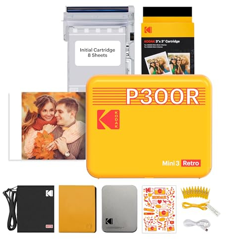 Kodak Mini 3, tragbarer Fotodrucker, kabellos, iOS und Android, Bluetooth, 76 x 76 mm, 4-Pass-Technologie, laminiertes Fotopapier, 68 Blatt – Gelb