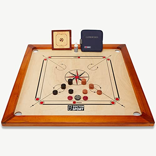 Doctor Sport Carrom Spiel, Komplett Kikar Natur Holz, in nur Brett | India Made, Steinen Striker in kleine Tasche, und Komplett, nur Brett