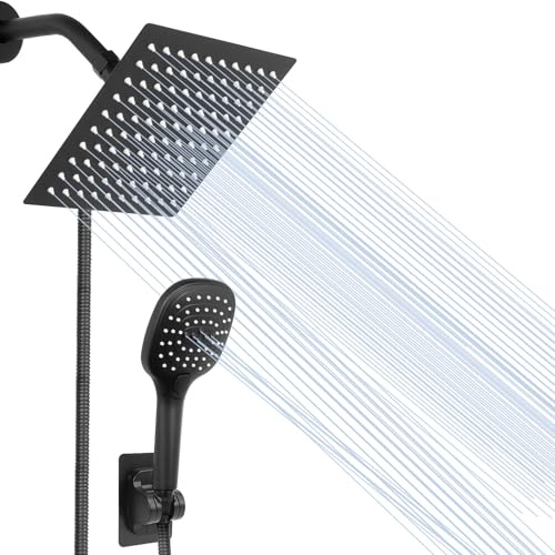 NearMoon Shower Head with Hose, High Pressure Stainless Steel Rain Shower and 3 Settings Handheld Spray Combo with Push Button Flow Control (8 Inch, Matte Black)