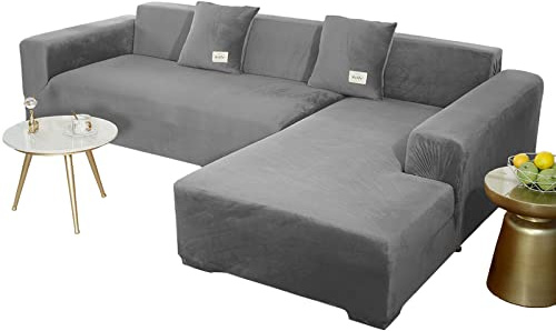 JHLD Stretch Samt Sofabezug L Form-Dunkelgrau-2 Sitzer+2 Sitzer