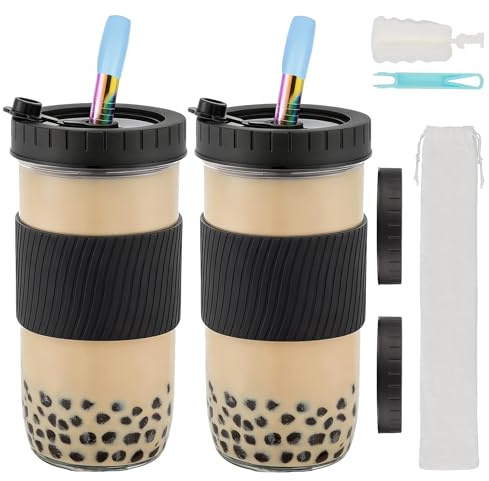 ZgoEC 730ml Bubble Tea Becher mit Deckel und Strohhlam, 2er Trinkgläser