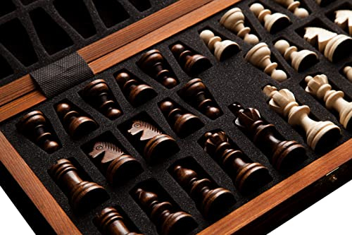 Schachspiel, Figurenkasten, handgefertigt, furniert, Mahagoni und Bergahorn, Maße 34cm x 34cm, Alles Made in EU, Schwarze Form für Figuren