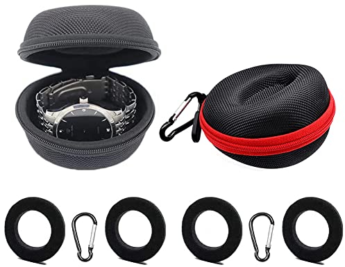 TTBDDM 2 Pezzi Scatola Rotonda Orologi, Custodia Orologi con Cerniera, Custodie per Orologi da Viaggio, con 2 Moschettoni e 4 Spugne, per Riporre Orologi, Cuffie, Collane, Anelli (Nero, Rosso)