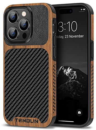 TENDLIN Kompatibel mit iPhone 14 Pro Max Hülle, Holz und Carbon Textur Design Leder Hybrid Handyhülle (Schwarz)