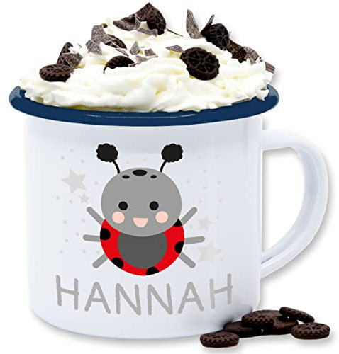 Emaille Tasse Blechtasse - Marienkäfer Bild und Dein Name - 300 ml - Weiß Blau - kindergarten personalisierte junge becher kinder kind tassen kaffeetasse