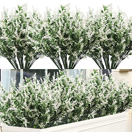 Homcomodar Künstliche Blumen UV-beständige Outdoor Pflanzen 12 Bündelt Gefälschte Kunststoff Lavendel Outdoor Pflanze Bush Faux Sträucher für Garten Yard Regal Hängende Dekoration (Weiß)