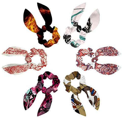 6PCS Hair Scarf Scruncheis for Women Girls, Ribbon Bow Elastic Hair Ties Bands Satin Hair Ribbon Scrunchy Ponytail Holder Accessories,Green Parrot in Black White Banana Palm Trees