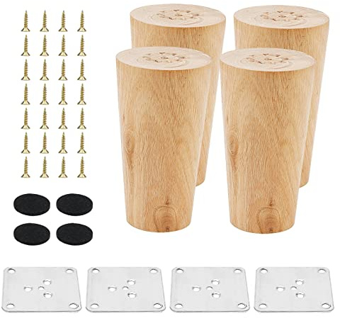 MANCHAP 4 PCS 10cm/4 Inch Wooden Furniture Legs, Wood Sofa Legs with Mounting Plate, Screws and Anti-Slip Mats, Solid Wood Furniture Feet for Dresser