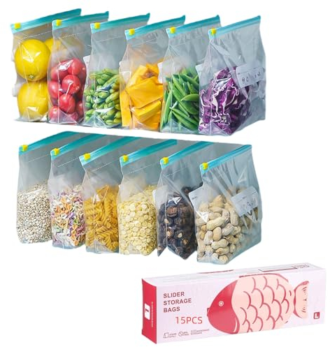 15 Stück Druckverschlussbeutel, Lebensmittelaufbewahrung, Gefrierbeutel, wiederverschließbarer Schieberegler, Reißverschluss Ständer und Füllung, erweiterbarer Boden, gefrier- und mikrowellengeeignet