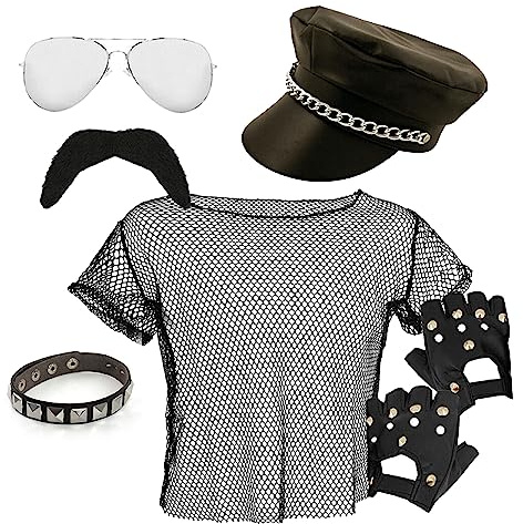 YMCA Ensemble d'accessoires Macho Man des années 70 – Haut en maille noire, chapeau de motard noir, lunettes de soleil, brassard clouté, gants sans doigts noirs – Ensemble d'accessoires de déguisement