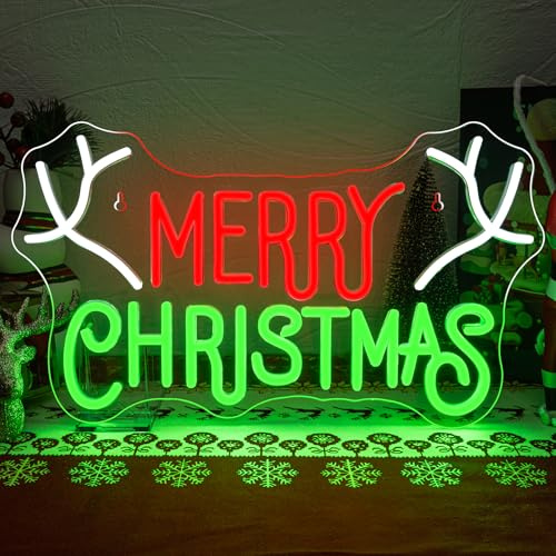SIGNSHIP Merry Christmas Neon Signs Red&Green Letters Merry Christmas and Antler Neon Light with Switch Novelty Led Lighting for Wall Decor Party Kids Room New Year