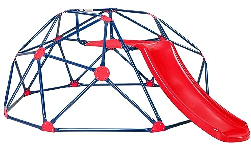 Maxmass 2-in-1 Kids Dome Climber Set, Toddler Climbing Frame with Smooth Slide and Fabric Platform, Indoor Outdoor Geometric Children Jungle Gym Playset for Garden Yard Park (Red + Blue)