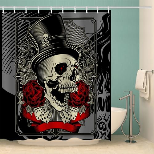 MOXINO Schädel Duschvorhang Anti-Schimmel 180x180 cm Polyester Stoff Textil Waschbar Badvorhang 3D Gothic Totenkopf Motiv Design Duschvorhänge Wasserdicht Badezimmer Vorhänge mit 12 Haken