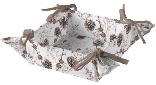 Ambiente Cesta para servir pan, cesta de algodón, 20 x 20 cm, para invierno, Adviento, Navidad, decoración de mesa, ramas, piñas, cono, color blanco
