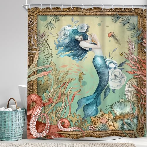 Newsely Cortina de ducha retro de sirena de 60 pulgadas de ancho x 72 pulgadas de alto, color azul náutico, océano, pulpo, coral, juego de baño bajo el agua, peces, conchas marinas, medusas,