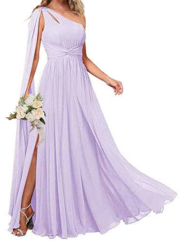 KURFACE Vestido de dama de honor con un hombro descubierto para mujer, con capa y abertura lateral, gasa, vestido largo formal para invitada de boda, Lila, 60 Más
