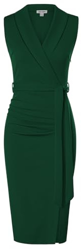 GRACE KARIN Robe Fourreau Femme sans Manches Col Châle Mi-Mollet avec Ceinture Amovible et Fente Élégante Vert Foncé 40