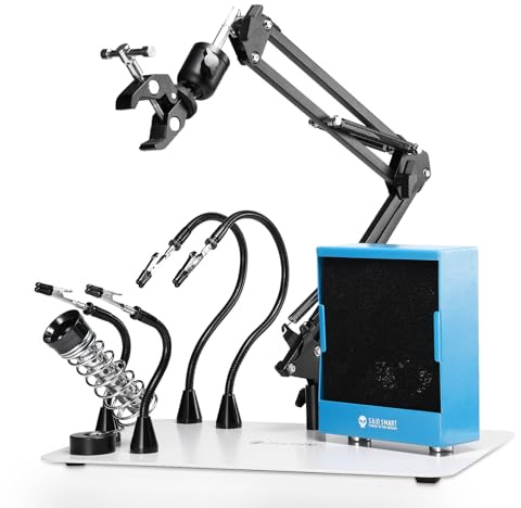 SainSmart Magnetic Helping Hands Soldering & Solder Fume Extractor Combo, 2-in-1 Soldering Station with 360 Hot Air Gun Holder, Heavy Duty Base Plate, Flexible Arms, and Iron Stand, Third Hand Tool