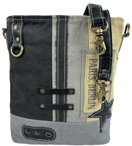 Sunsa Canvas Umhängetasche Damen Vintage Schultertasche, grau shhwarz beige | Mittelgroße Crossbody Bag, Handtasche für Freizeit, Büro, Studium, leicht, robust, alltagstauglich, mit verstellbaren Henkel