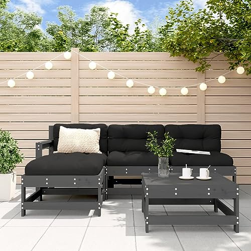 WEMYUFURN 5-TLG. Garten-Lounge-Set mit Kissen Grau Massivholz, Outdoor-Sitzgruppe, Terrassen-Lounge-Set, Garten-Couchgarnitur - Wetterbeständig, Komfortabel - für Terrasse, Garten und Balkon