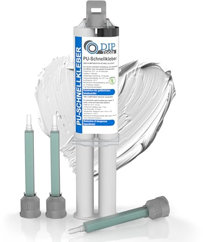 DIP-Tools - Adesivo rapido in poliuretano, 2 componenti, 25 g, con 3 ugelli di miscelazione, colla 2 K extra forte e ad asciugatura rapida, colla per metallo, riparazione di plastica, resina