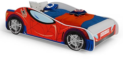 KOBI Lettino per bambini Spider Bat Car | Multicolor | Tema del supereroe Spiderman Batman | Letto per bambini ragazzo ragazza | con struttura del letto (SPIDER, 140x70)