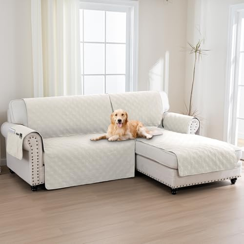 BellaHills 100% Wasserdicht Sofabezug L Form (205cm) Sofa Überzug für Kinder Hunde Katze, Weicher Sofabezug rutschfest Sofa Auflage, Beige